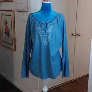Faded Glory 100% Cotton Long Sleeve Light Wash Denim Peasant Tunic Blouse Boho